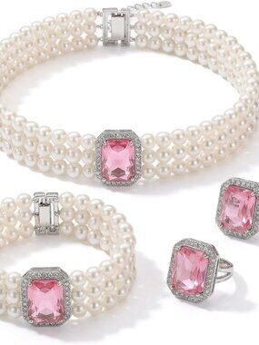 Rhinestone Wedding Jewelry Set for Women Bridal Jewelry Sets Pearl Necklace Earr